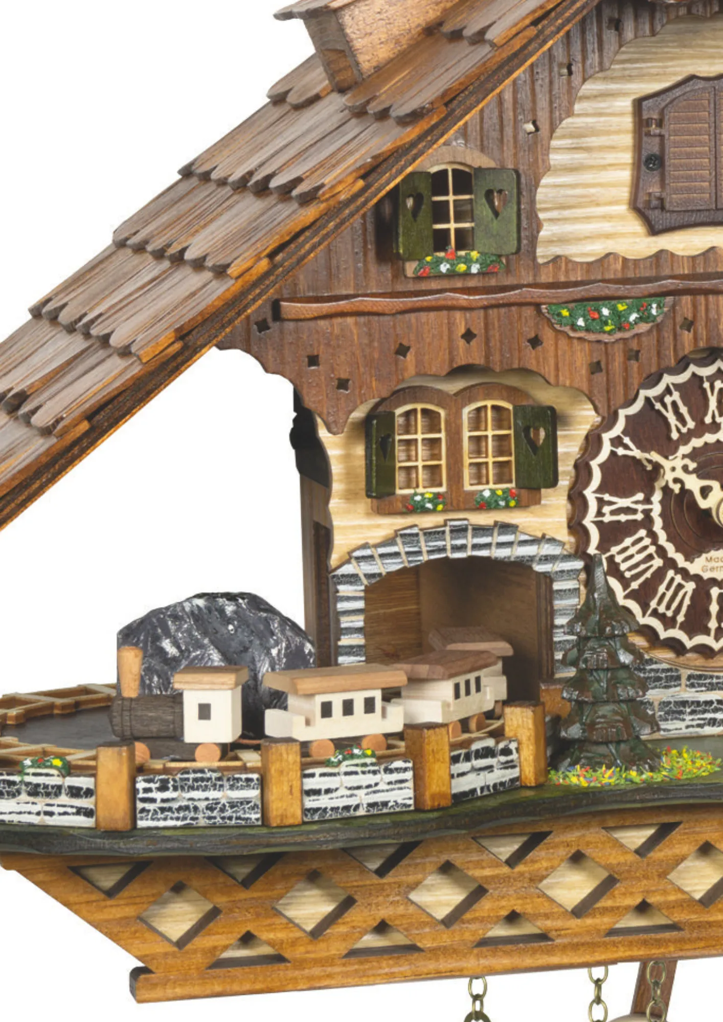 Cuckoo Clock - The Train Ride - Battery (2) Chalet Battery Operated / Quartz Cuckoo Clock with rotating train and moving water wheel made by Trenkle Uhren