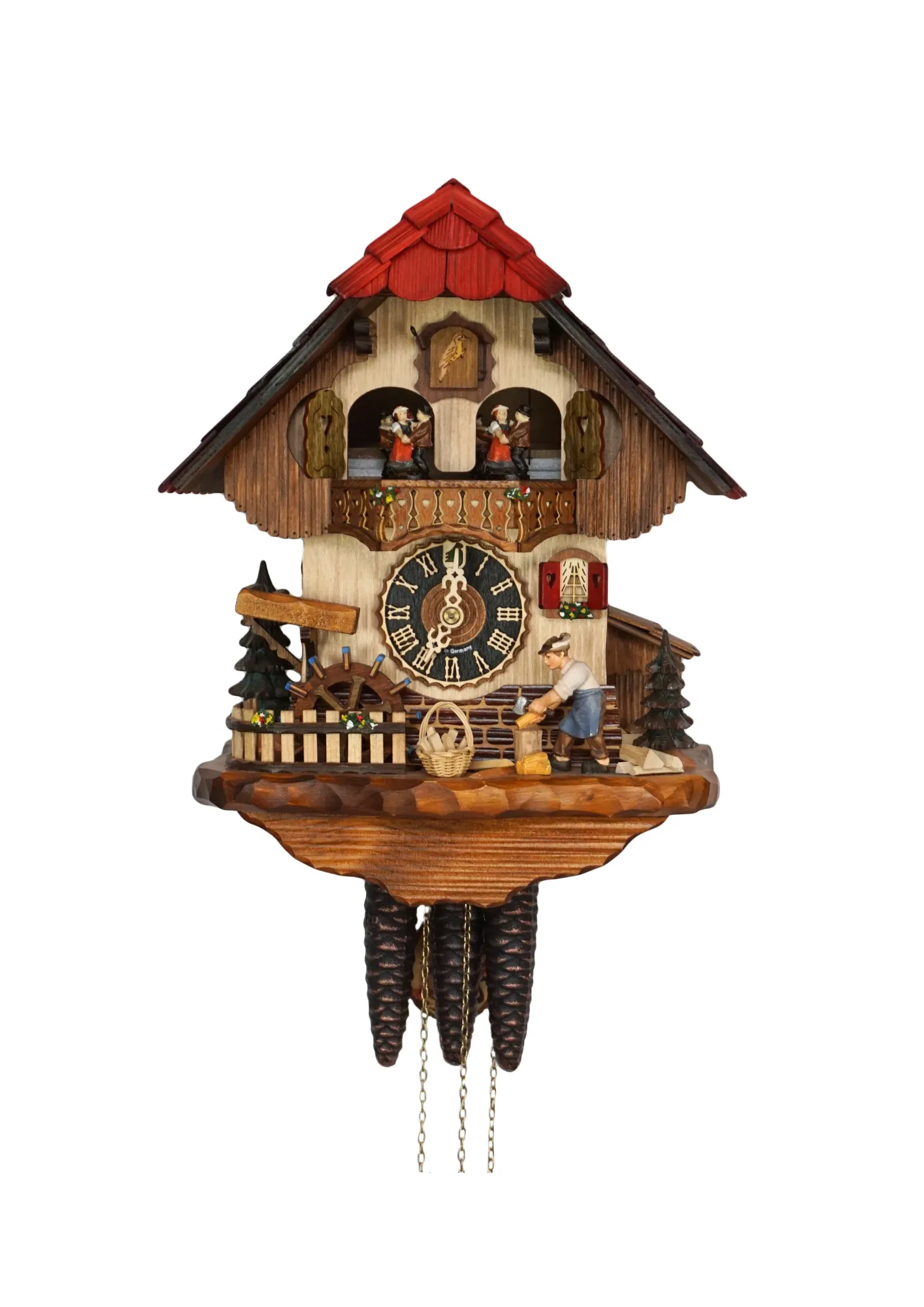 chalet authentic black forest cuckoo clock with a red shingle roof and a wood chopper, as the music plays dancers dance, wood is being chopped and the water wheel turns, the clock is made by Hönes