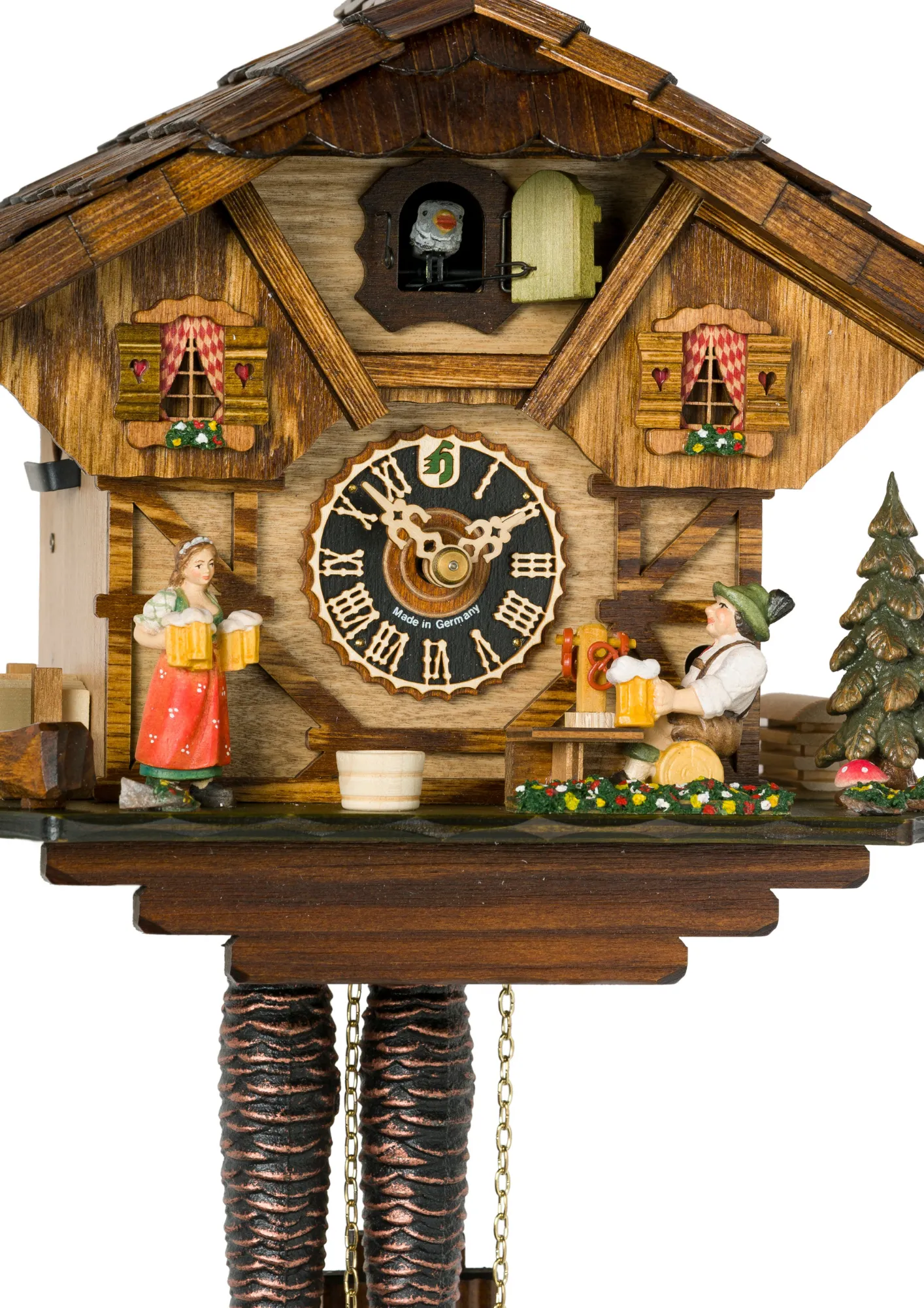 Cuckoo Clock Beer Garden 1 Day Movement (2) Detailed authentic black forest cuckoo clock with beer drinker and a bar maid serving the beer in front of chalet house made by Hönes