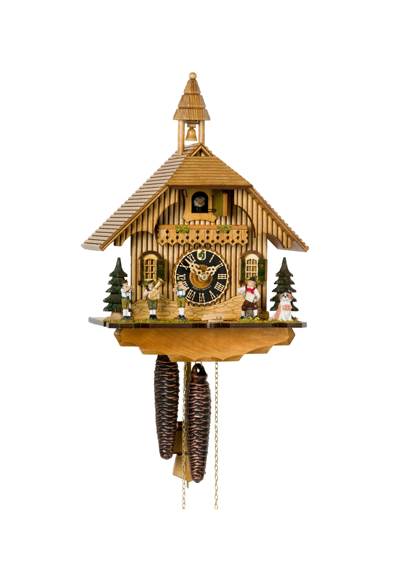 Authentic Black Forest cuckoo clock with a band figurines playing in front of the house made by Hönes