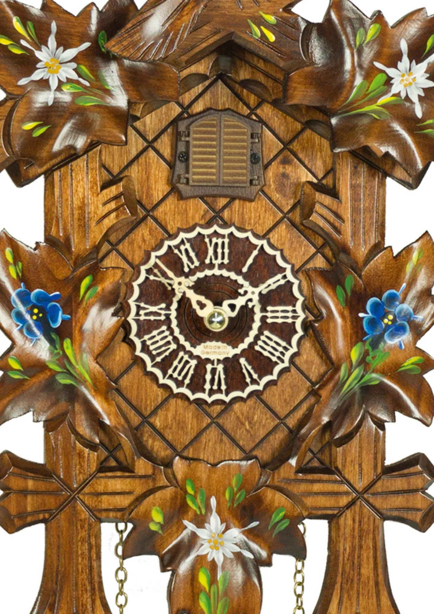 Cuckoo Clock Traditional Blue Edelweiss Battery (2) Traditional style quarz battery carved cuckoo clock with hand painted edelweiss flowers plays music made Trenkle Uhren