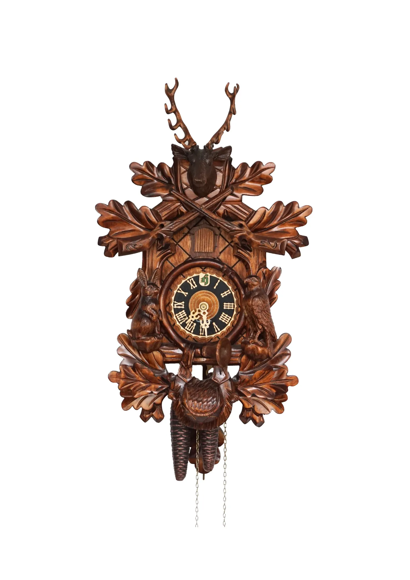 Hand carved traditional style brown mechanical black forest cuckoo clock with a hunting theme, decorated with deer head, rabbit and falcon