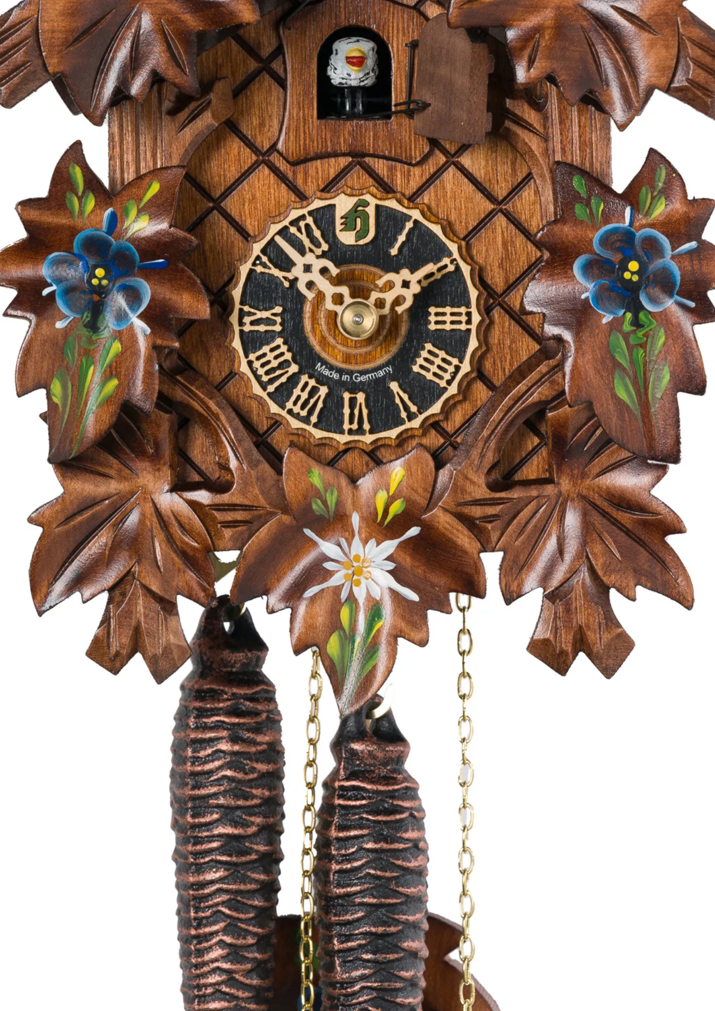 Cuckoo Clock Traditional Style with Painted Flowers 1 Day (2) Small hand carved mechanical authentic black forest cuckoo clock with hand painted edelweiss and forget me not flowers made by Hönes