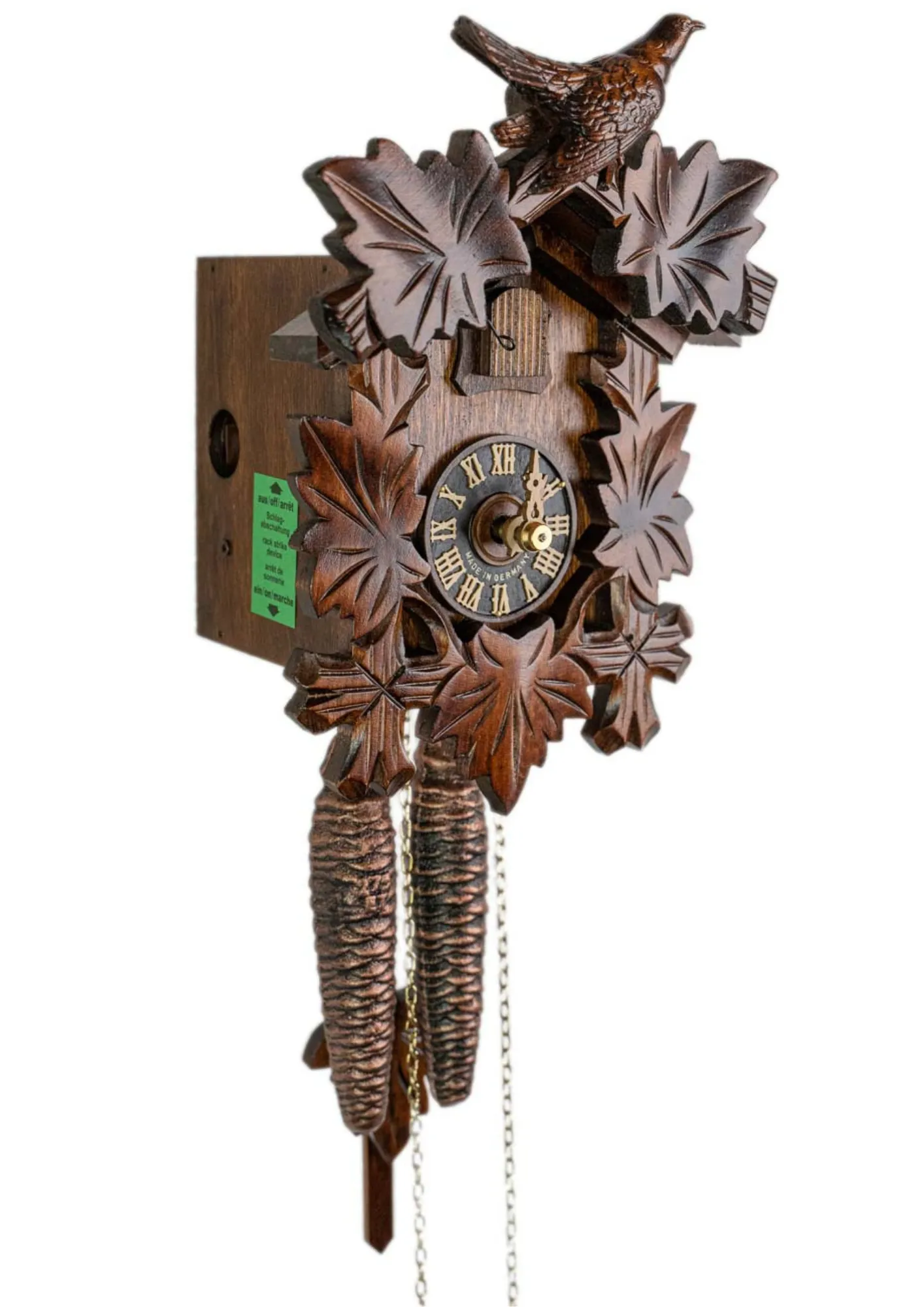 Cuckoo Clock Small Traditional Style 1 Day Movement (2) original authentic tiny brown black forest cuckoo clock with a cuckoo bird on top made by Hönes