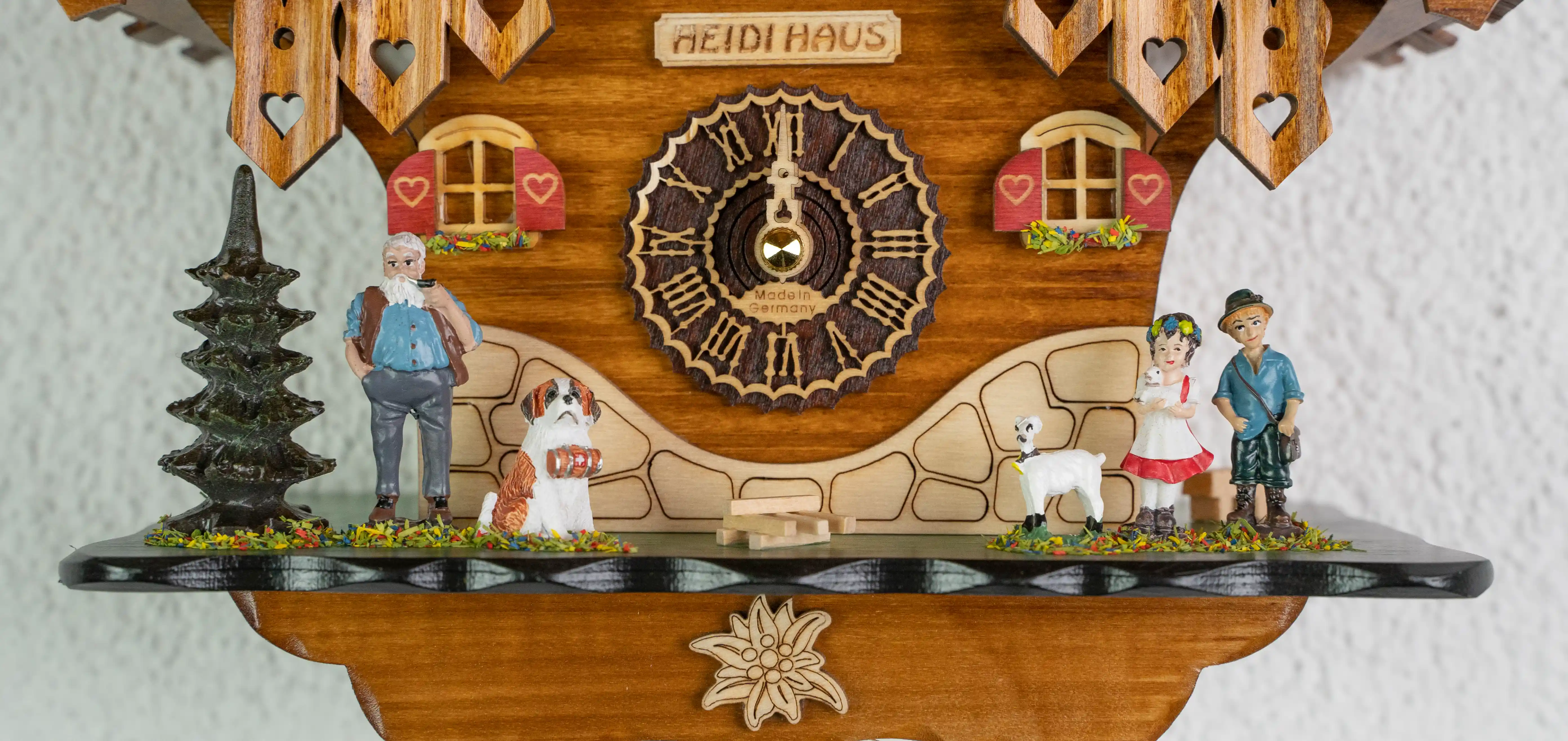 Cuckoo Clock Heidi Chalet Battery (5) Apline region battery cuckoo clock with music representing the Heidi story made by Trenkle Uhren