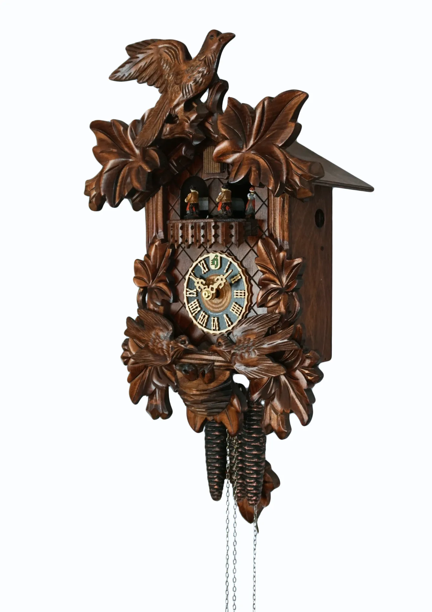 Cuckoo Clock Traditional, Moving Birds 1 Day Movement with Music (2) Traditional hand carved black forest mechanical cuckoo clock with music, decorated with two birds moving and feeding the offspring in the nest, dancers dance with music