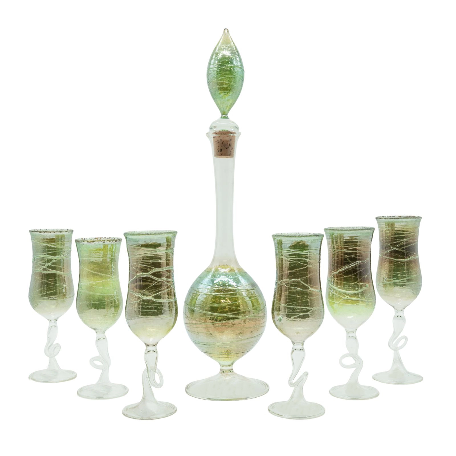 Artistic green fine liqueur glass from the Hell Valley set, handmade by our glassblower in our very own glassmanufactory in the Black Forest Hofgut Sternen