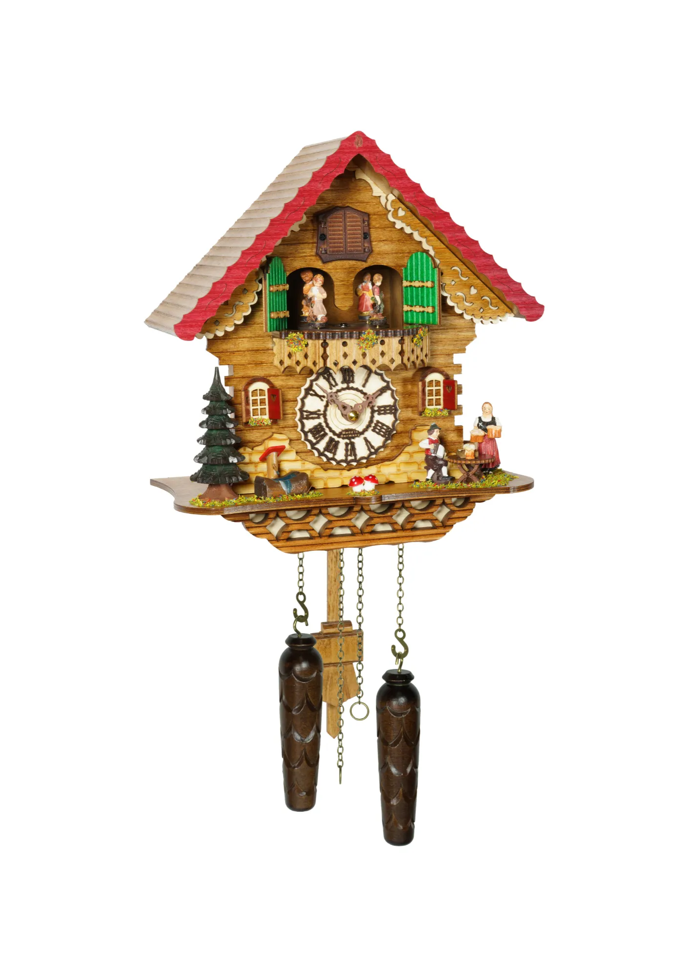 Black Forest cuckoo clock with dancers beer drinker and a bar maid playing music made by Trenkle Uhren