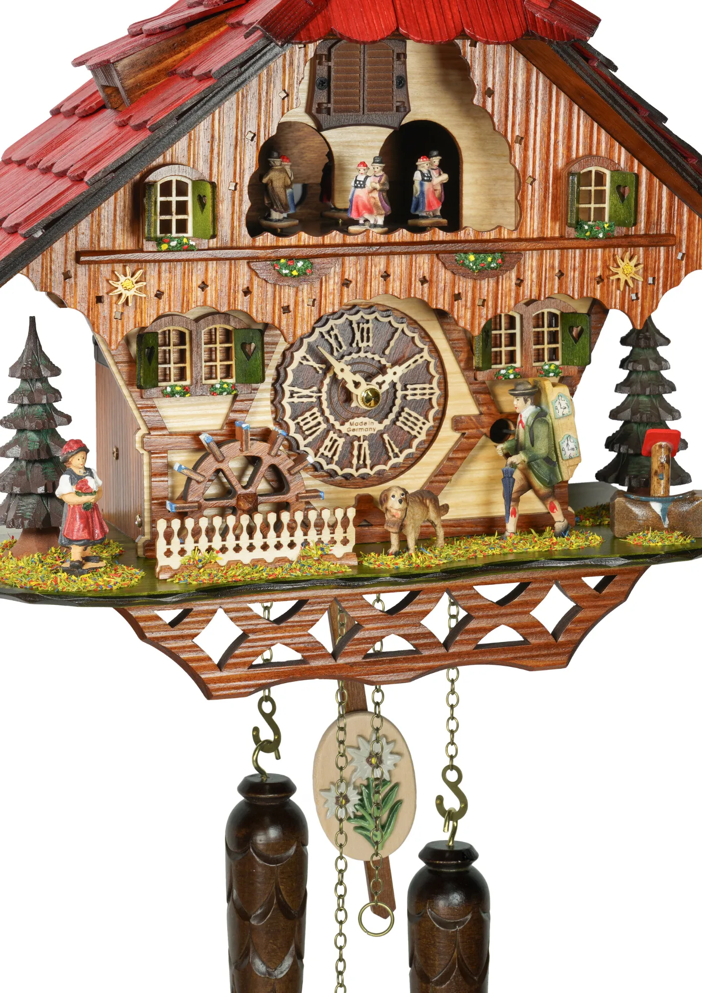 Cuckoo Clock Black Forest Clockmaker Battery (2) Cuckoo clock with a red roof and a clock maker with traditional Black Forest clothing moving his umbreal dancers dance while music play