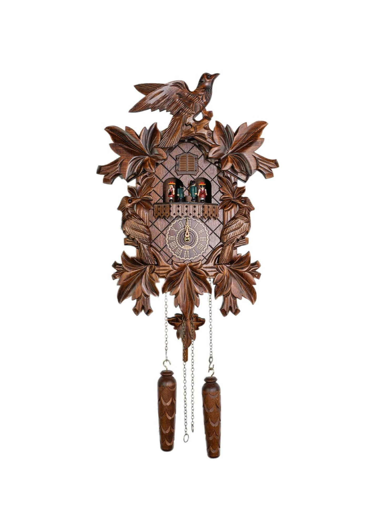 traditional style carved cuckoo clock with ivy leaves and three birds decorating the clock, plays music and dancers turn made by Trenkle Uhren