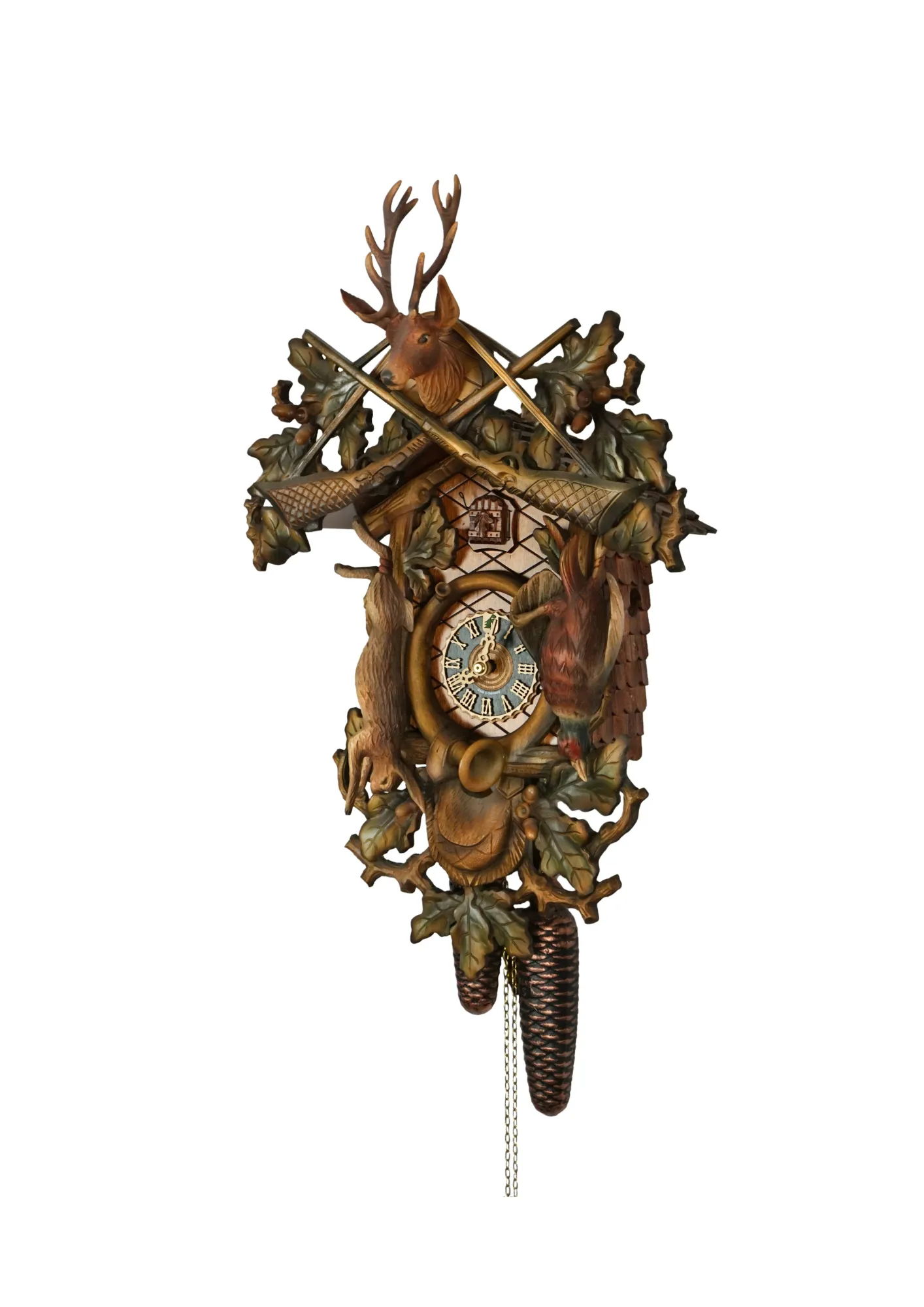Cuckoo Clock Hunter Style, Colored 8 Day Movement (2) beautiful colorful hand carved traditional style hunter clock spray painted to the finest detail, decorated with rabbit, phasan and deer head as hauting trophies made by Hönes