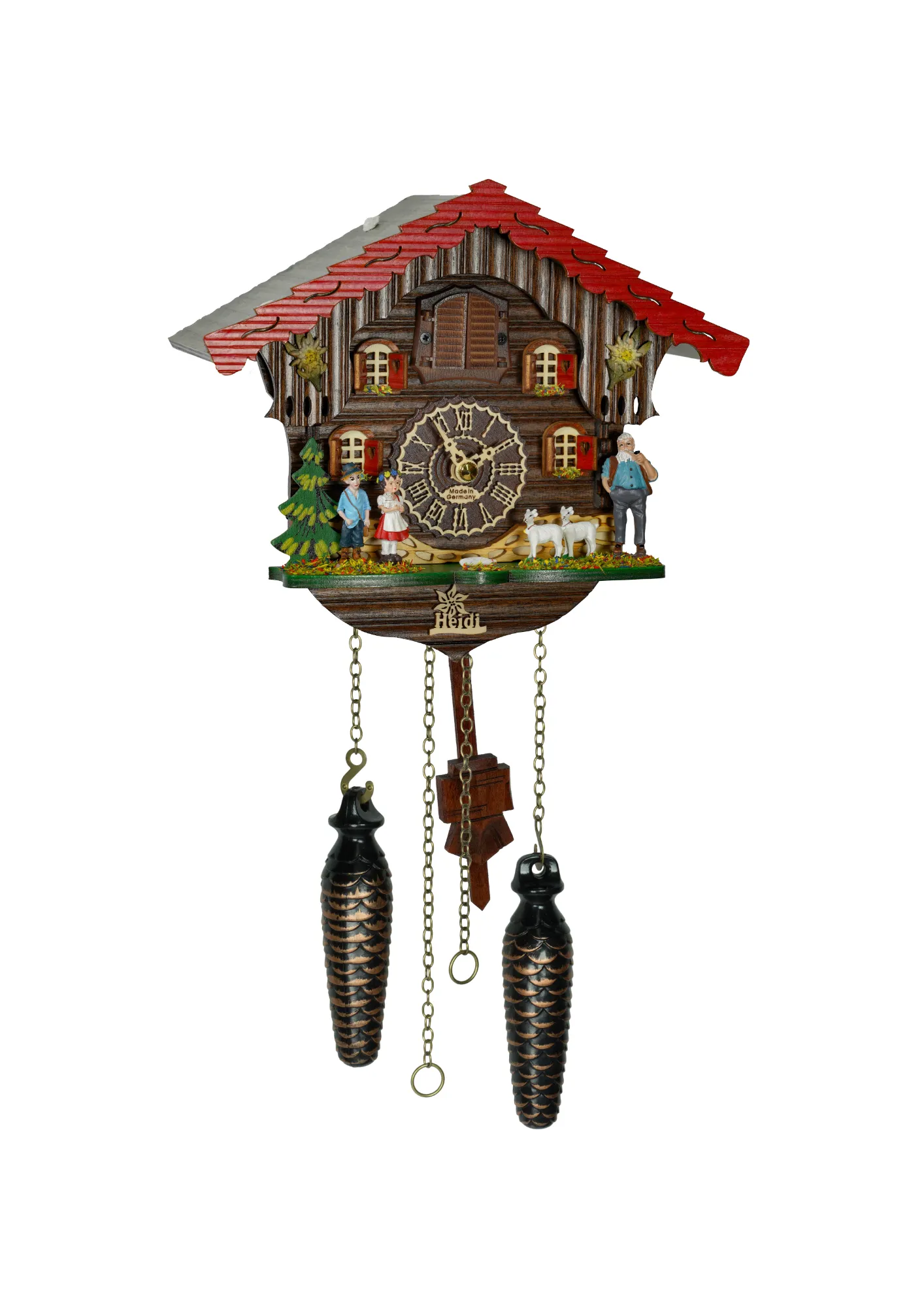 Small cute chalet stlye black forest cuckoo clock heidi storyline with main characters plays music made by Trenkle Uhren