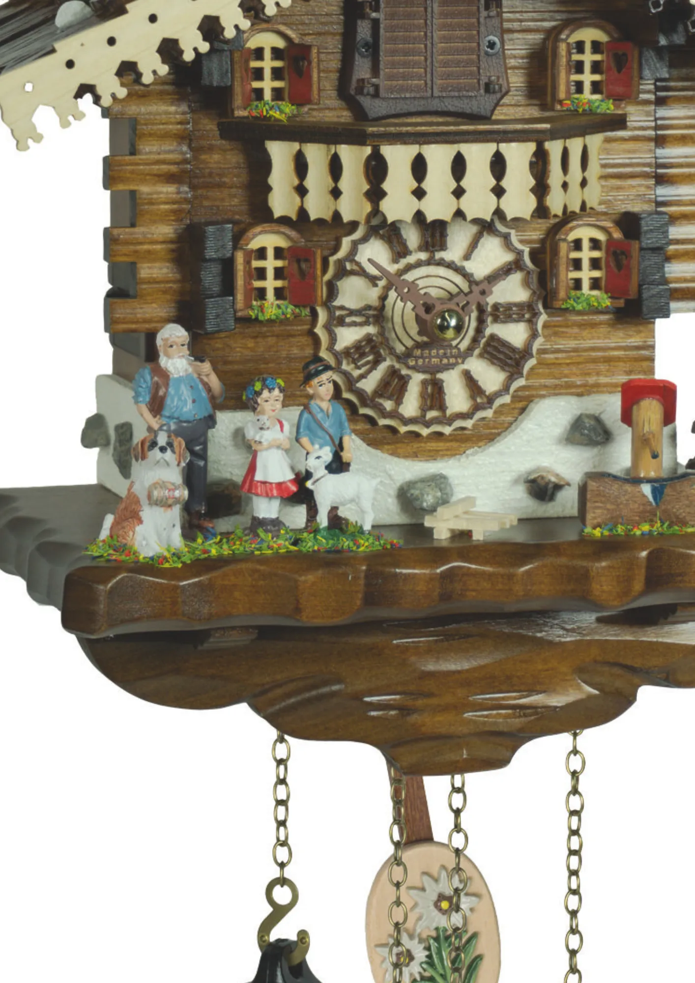 Battery black forest cuckoo clock with Heidi family looking over the mountains plays music made by Trenkle Uhren