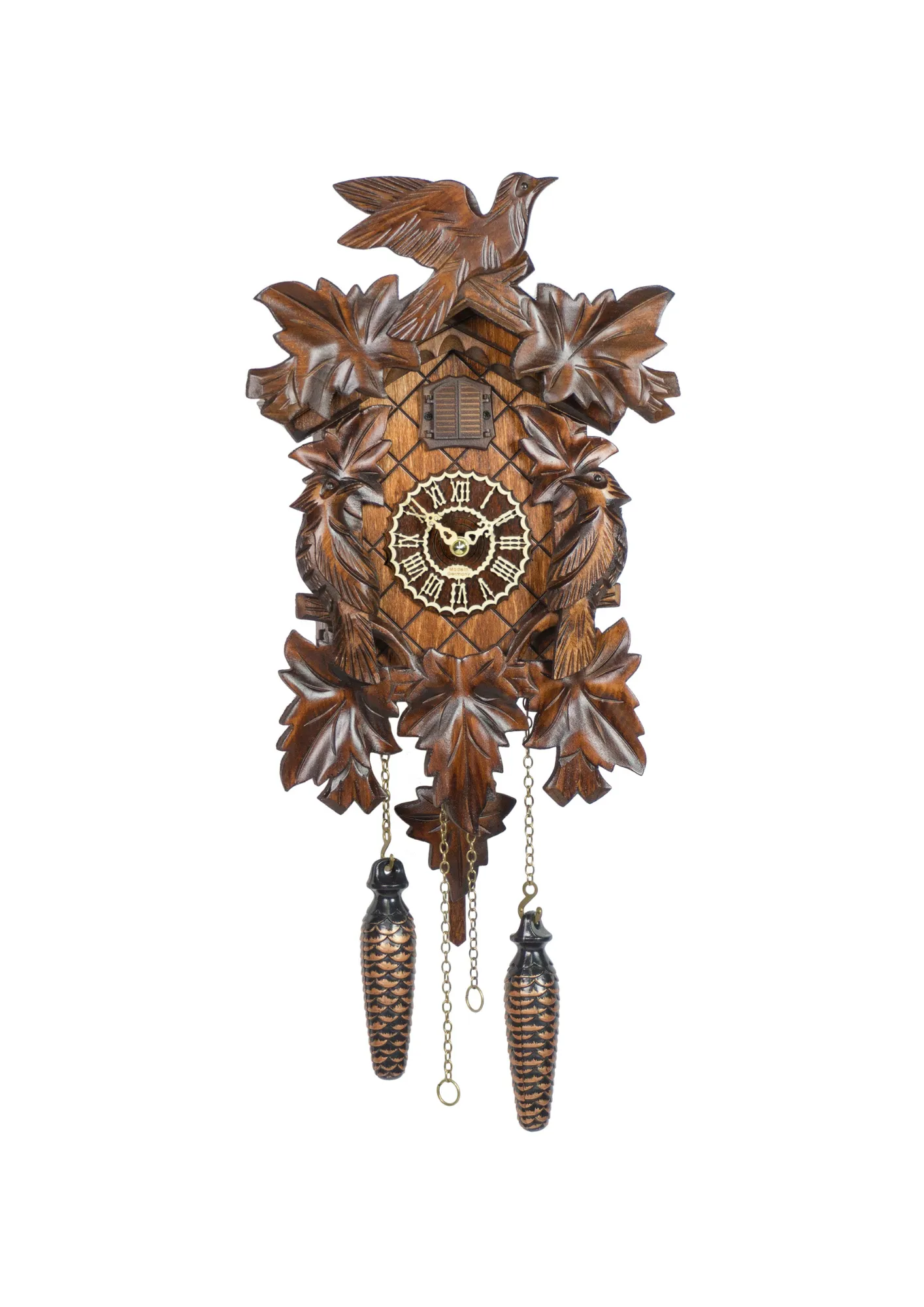 Traditional style quarz battery carved cuckoo clock with three birds plays music made Trenkle Uhren