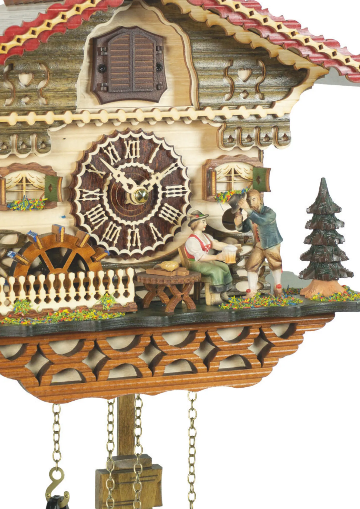 Cuckoo Clock The Encounter Battery (2) This chalet-style cuckoo clock shows a couple meeting to enjoy a mug of gool-ol' Black Forest beer plays music made by Trenkle Uhren