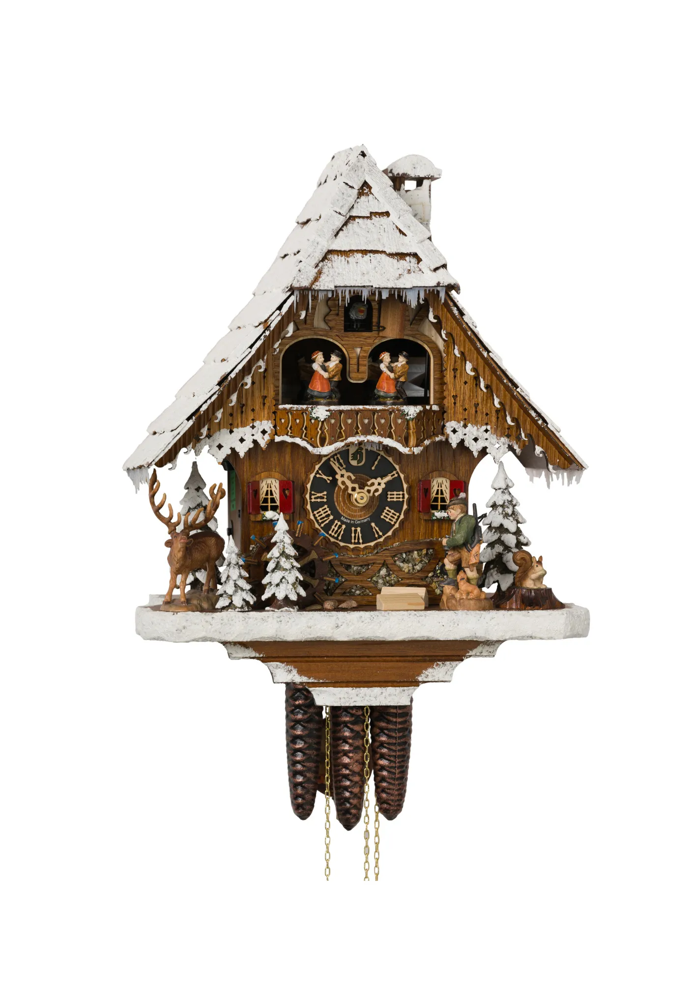 Middle size mechanical black forest chalet cuckoo clock covered in snow with music, hunter figure lifts its binoculars looking thowards the deer, dancers and water wheel turn as the music plays