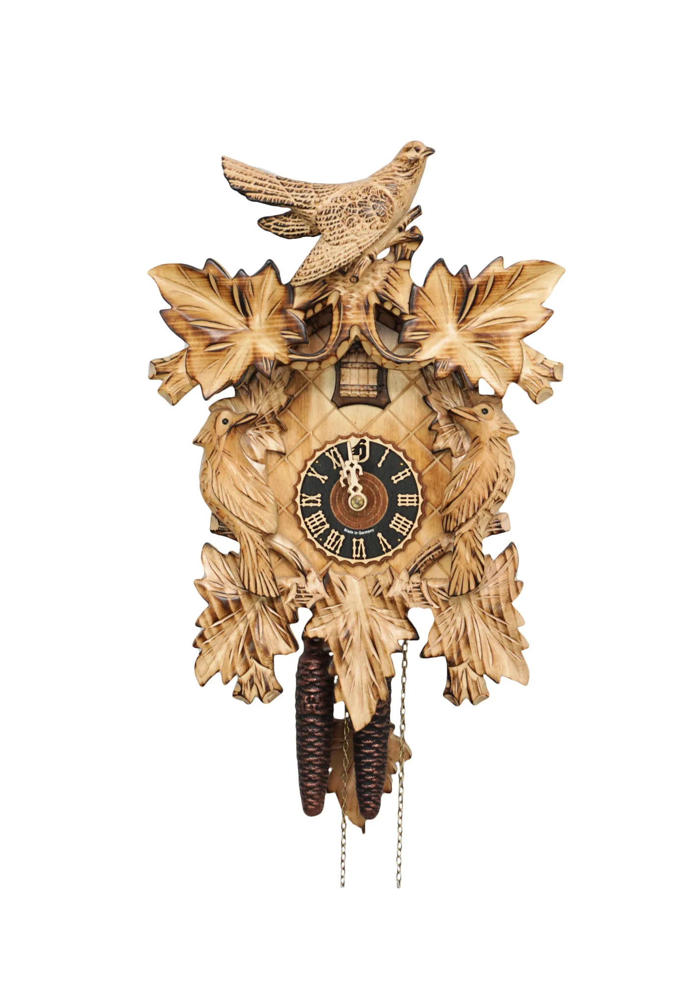 Unusual original hand carved authentic black forest cuckoo clock in natural color of the wood with three birds one day movement made by Hönes
