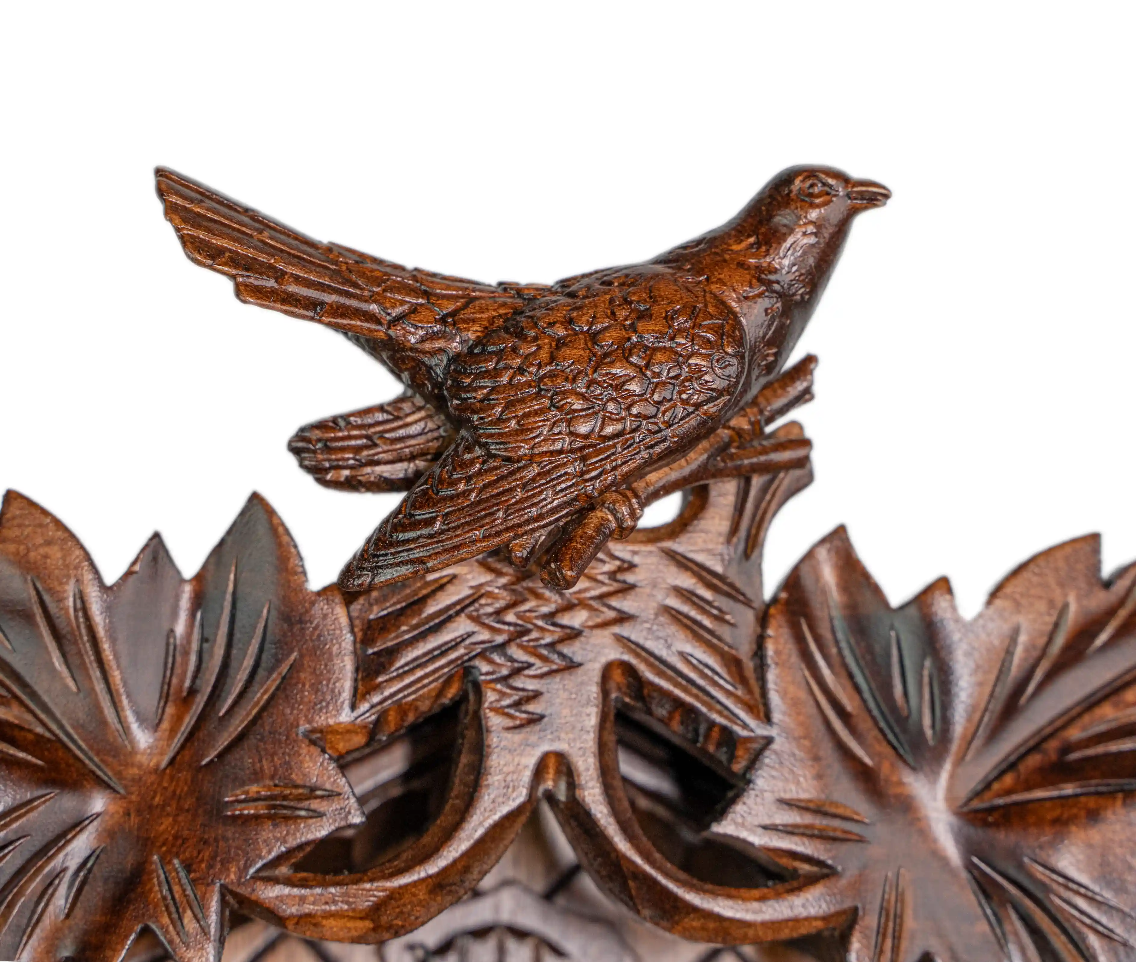 Cuckoo Clock Traditional, Cuckoo Bird 1 Day Movement (5) Authentic mechanical brown black forest cuckoo clock with nicely carved cuckoo bird decorating the top made by Hönes