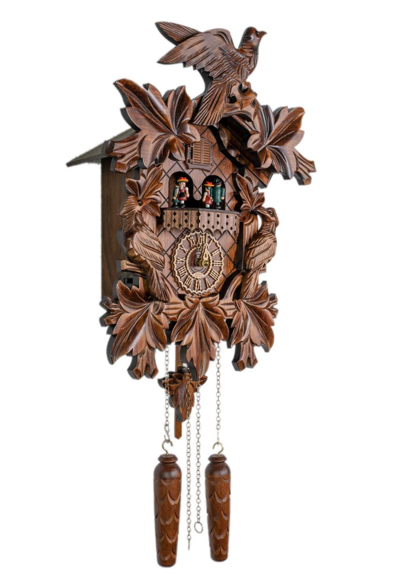 Cuckoo Clock Traditional Style, Three Birds Battery (2) traditional style carved cuckoo clock with ivy leaves and three birds decorating the clock, plays music and dancers turn made by Trenkle Uhren