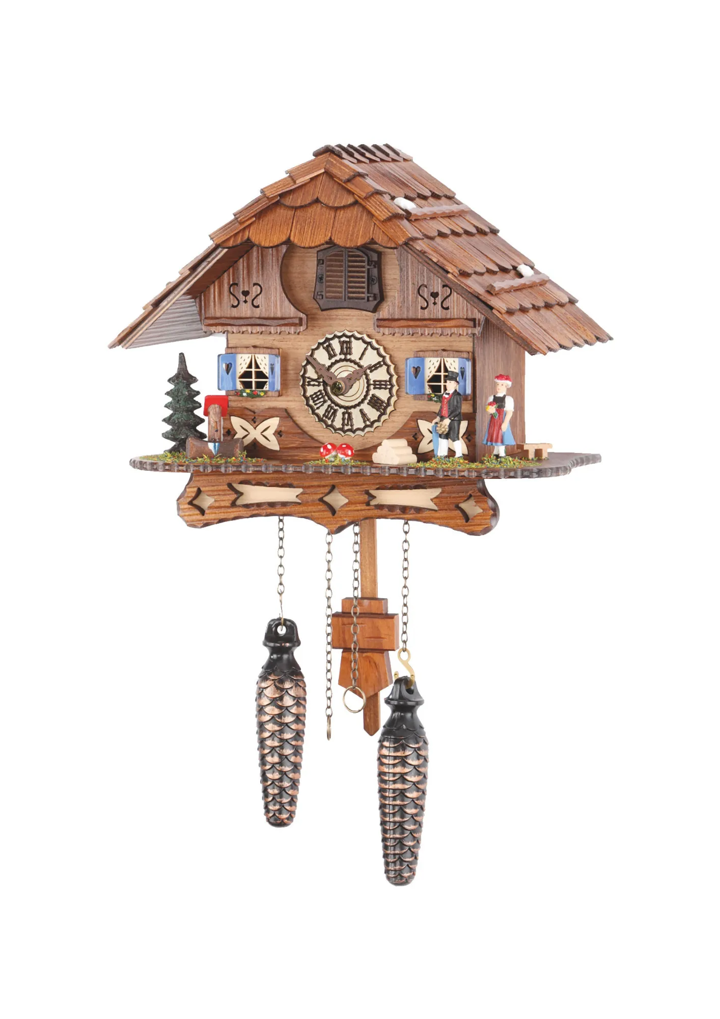 Black Forest battery cuckoo clock with a couple in front of the chalet house plays music made by Trenkle Uhren
