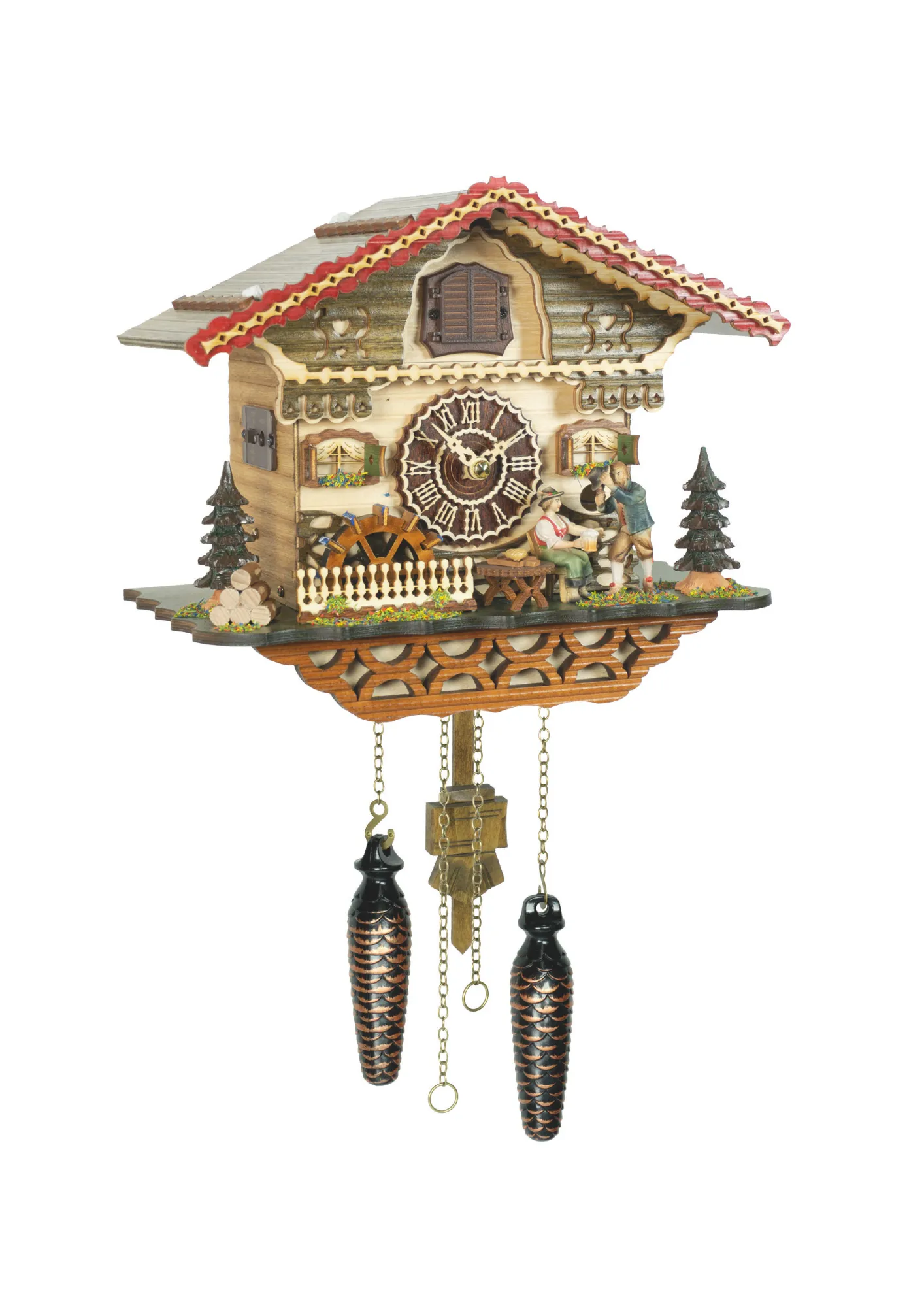 This chalet-style cuckoo clock shows a couple meeting to enjoy a mug of gool-ol' Black Forest beer plays music made by Trenkle Uhren