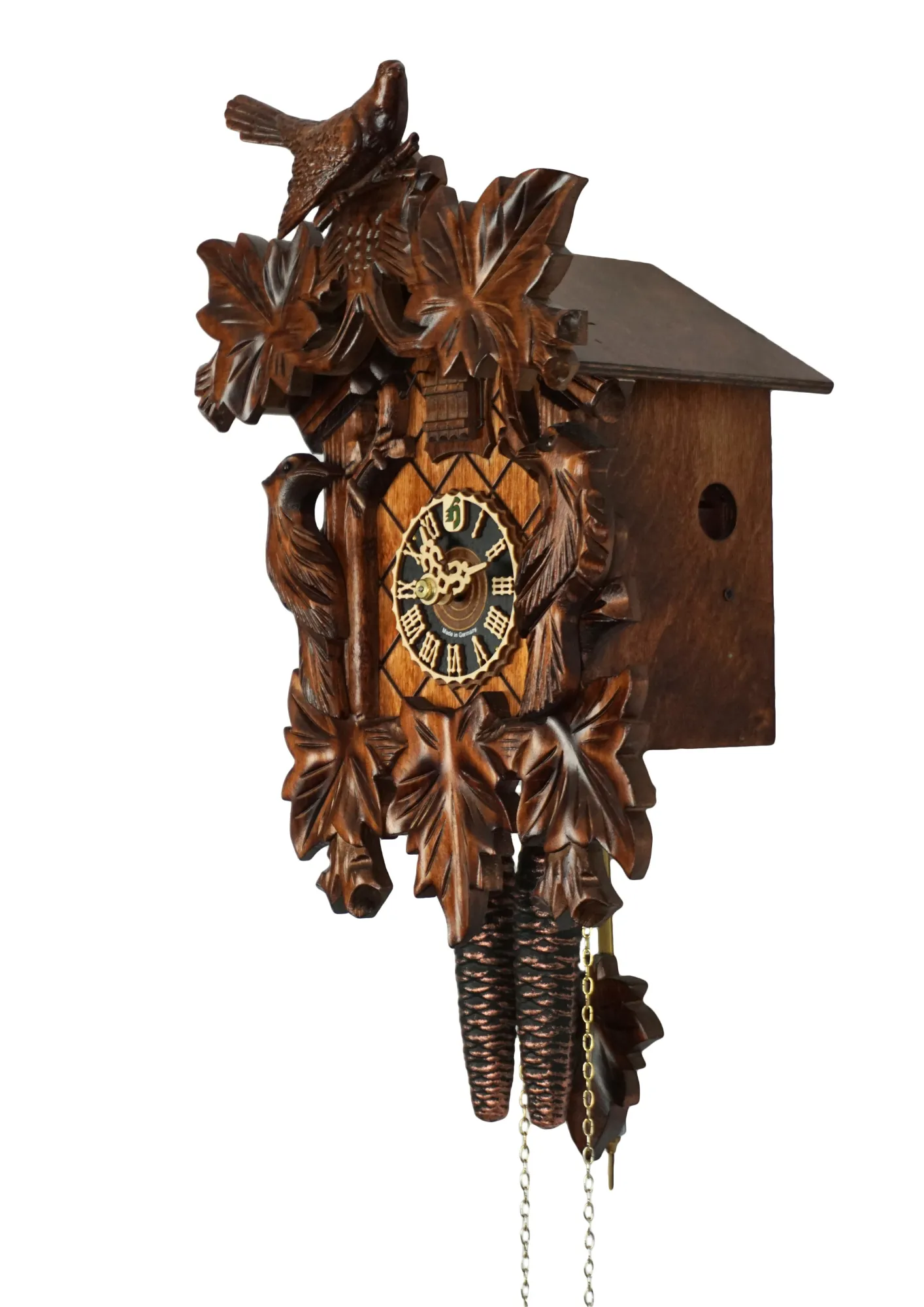 Cuckoo Clock Traditional Style, Three Birds 1 Day Movement (2) Authentic brown mechanical black forest cuckoo clock with wood peckers, one day clockwork, made by Hönes