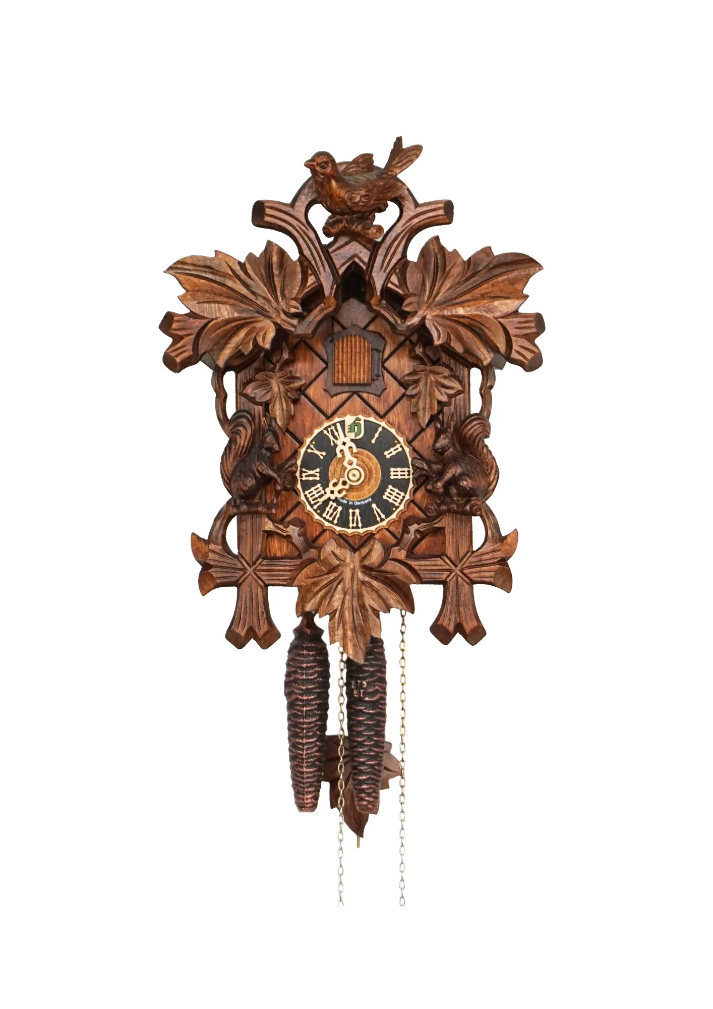 Hand carved traditional mechanical brown black forest cuckoo clock with squirrels and cuckoo bird carvings made by Hönes