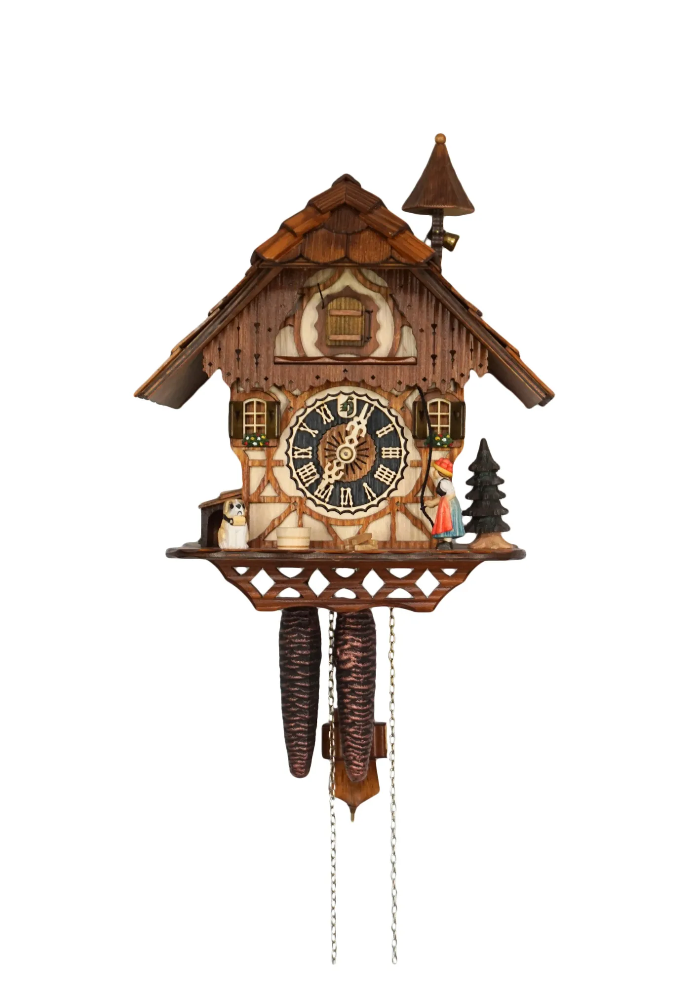Chalet colorful authentic black forest cuckoo clock with a nice shingle roof and a lady wearing traditional black forest clothing and rings the bell every hour made by Hönes