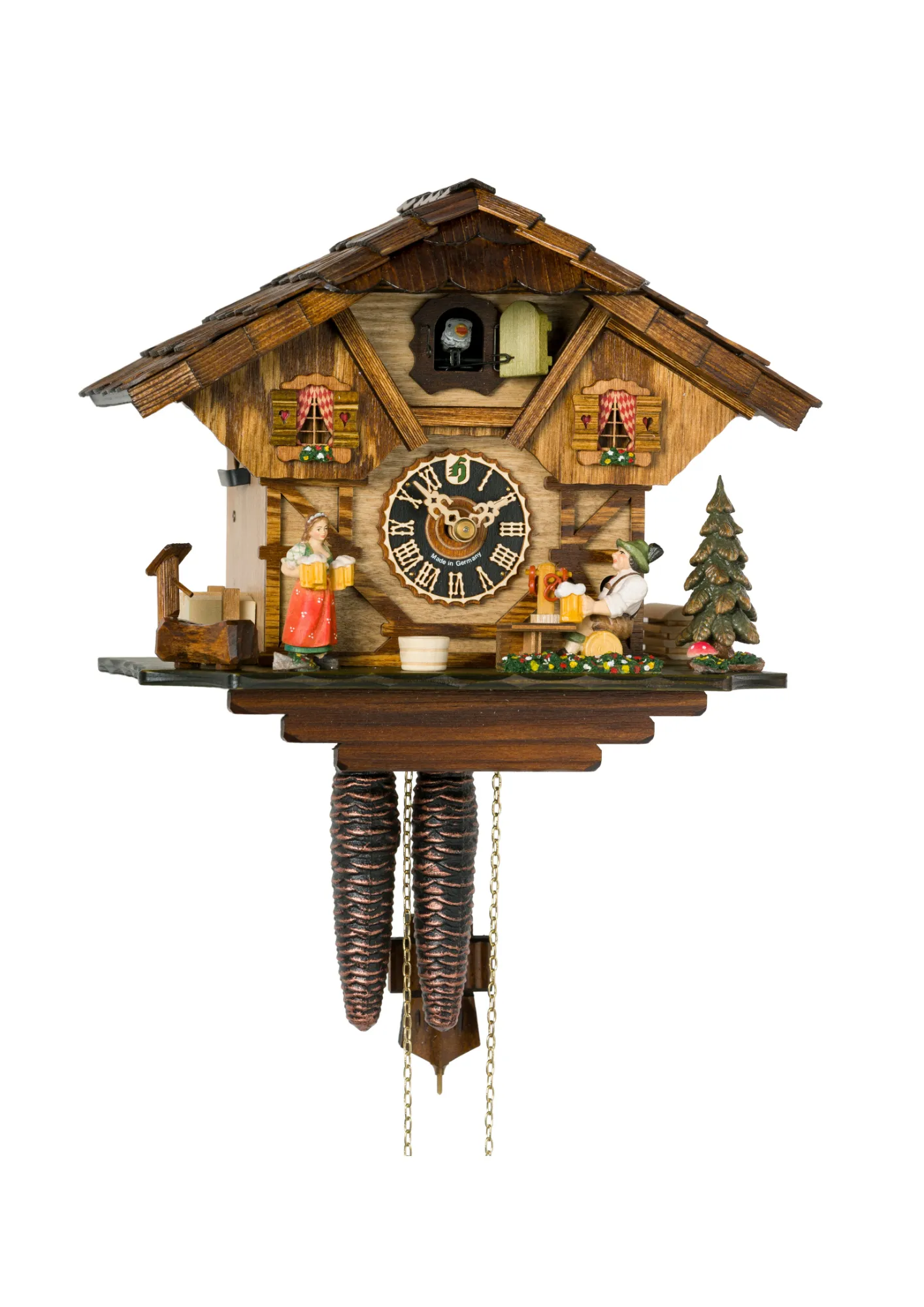 Detailed authentic black forest cuckoo clock with beer drinker and a bar maid serving the beer in front of chalet house made by Hönes
