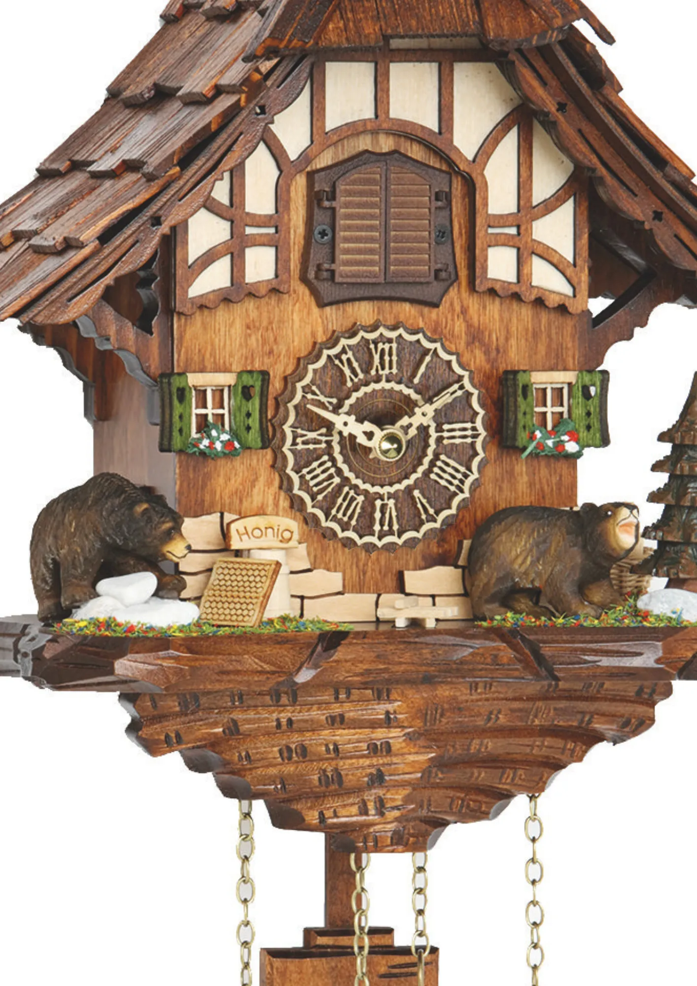 Cuckoo Clock Forest Hut and Bears Battery (2) Chalet charming cuckoo clock with two brown bears in front of the Black Forest hut eating honey plays music made by Trenkle Uhren