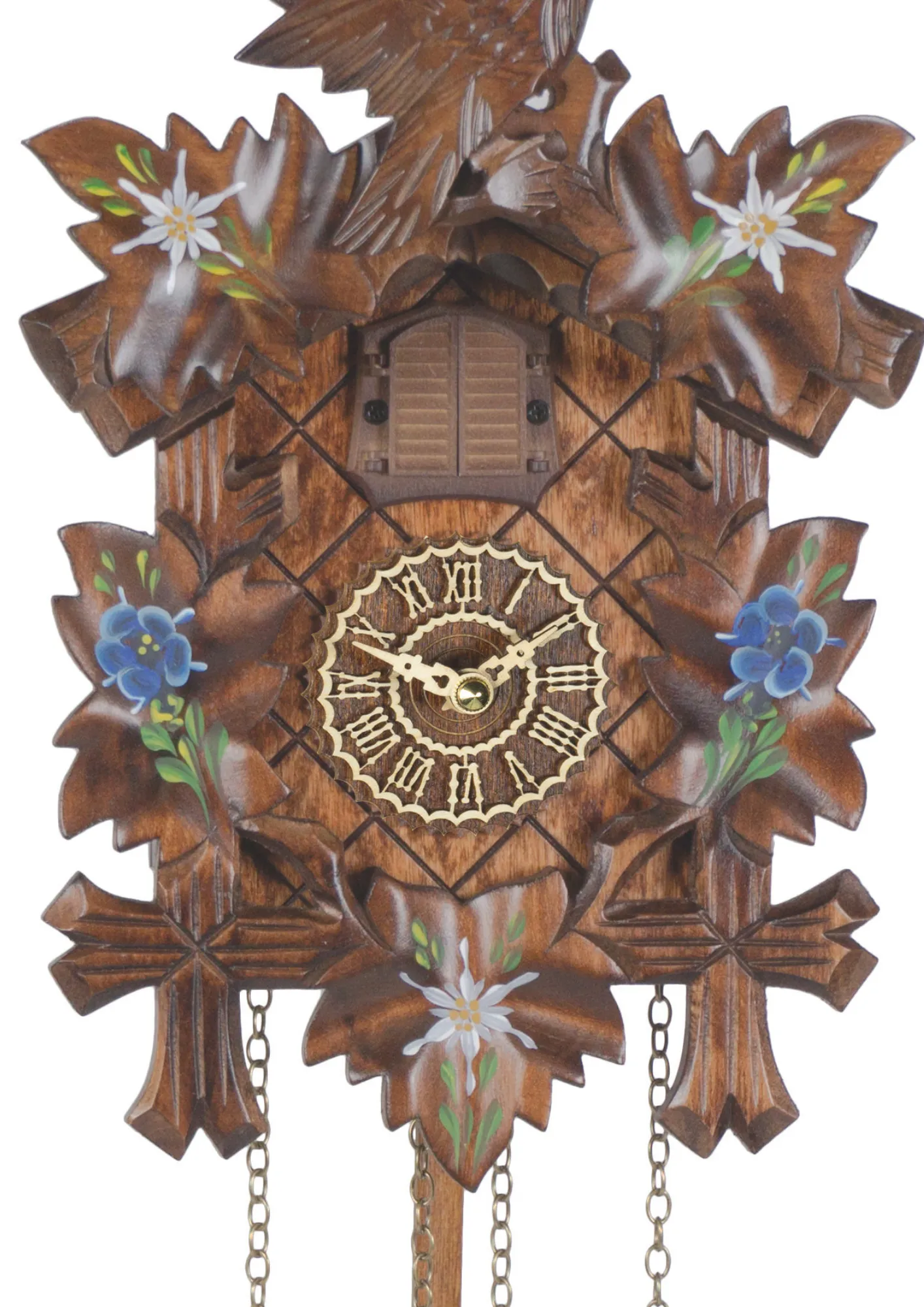 Cuckoo Clock Edelweiss Battery (2) Classic carved black forest cuckoo clock with edelweiss and forget me not flowers hand painted on it plays music made by Trenkle Uhren
