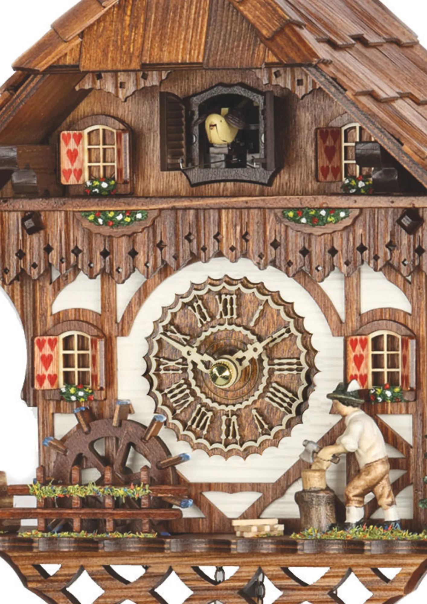 Cuckoo Clock Hearty Wood Chopper Battery (2) Chalet cuckoo clock with music depicts wood working in the Black Forest with a wood chopper made by Trenkle Uhren