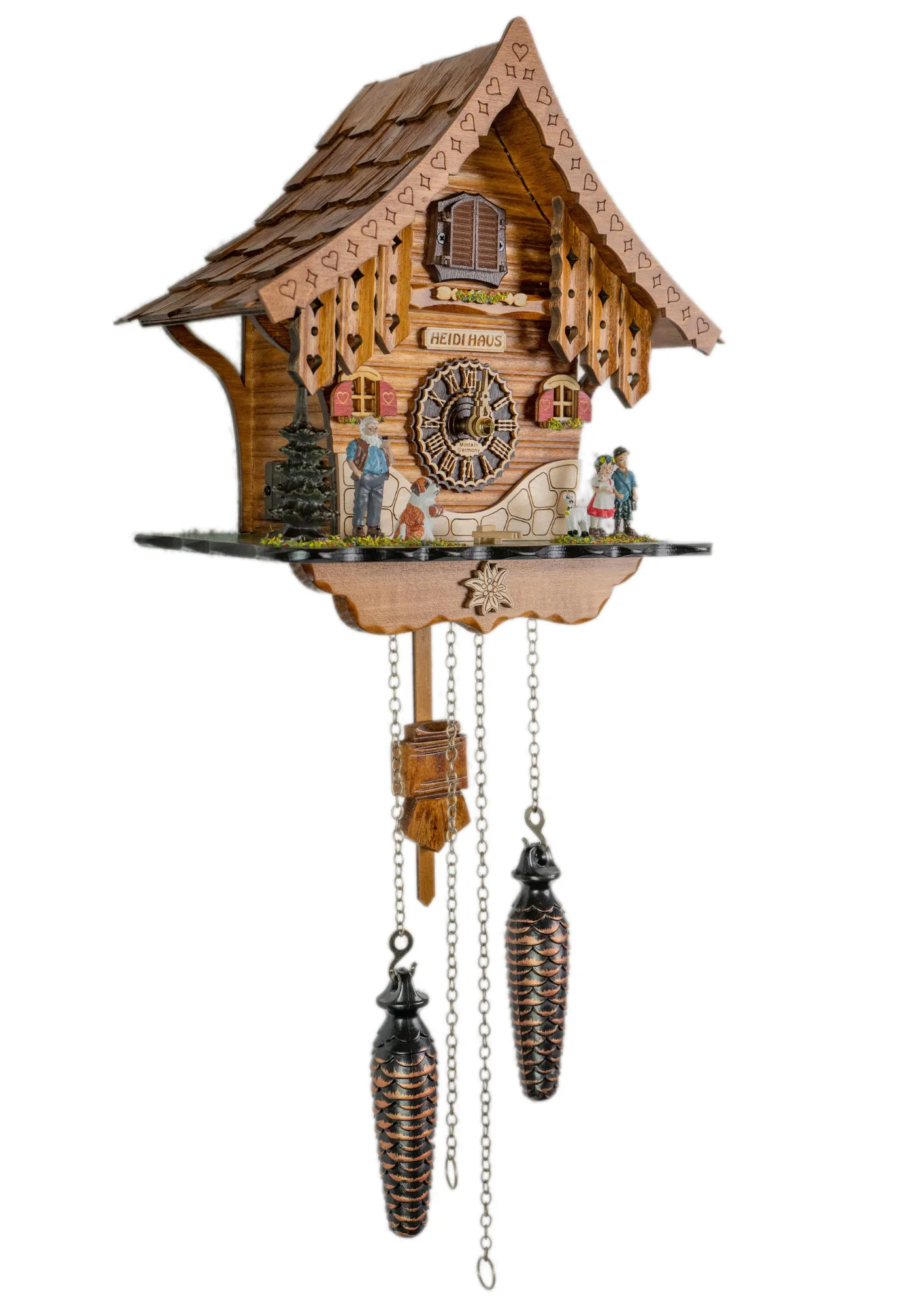 Cuckoo Clock Heidi Chalet Battery (2) Apline region battery cuckoo clock with music representing the Heidi story made by Trenkle Uhren