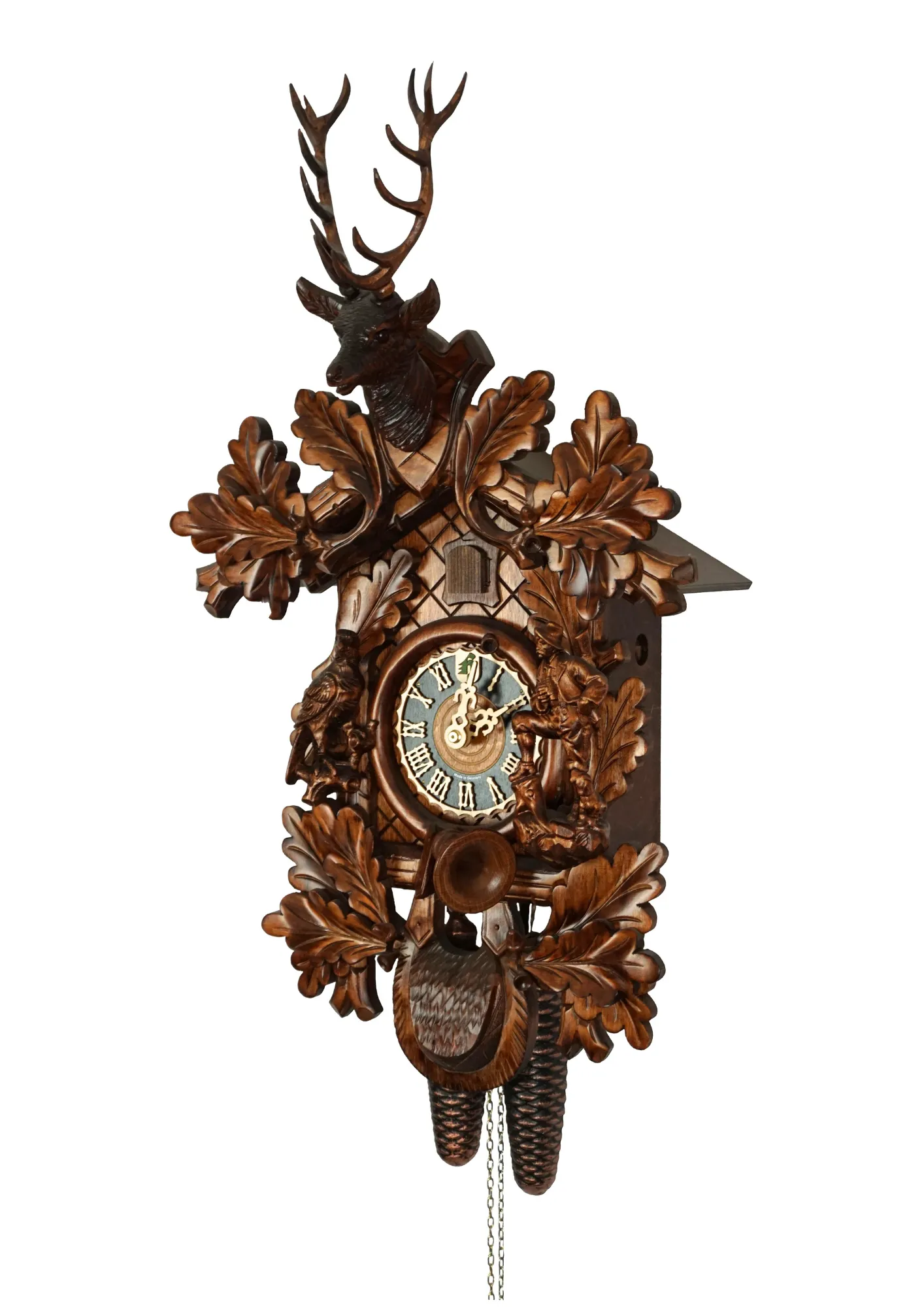 Cuckoo Clock Hunter Clock 8 Day Movement (2) Hand carved authentic mechanical brown black forest cuckoo clock in a hunter theme. Precisely carved deer head is decorating the top while there is a hunter and a falcon figure on the sides of the clock. The clocks dial is wraped with a hunting horn while