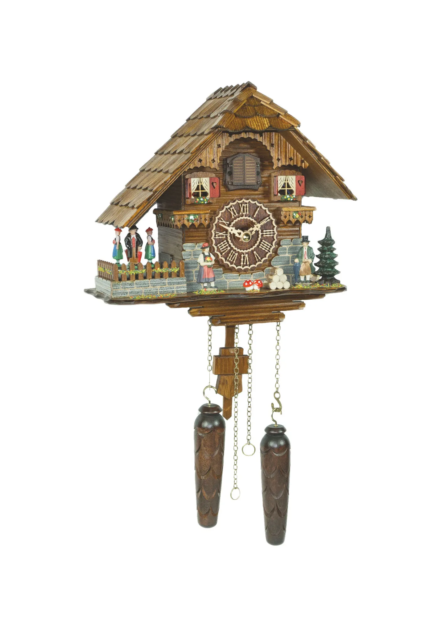 Chalet black forest cuckoo clock with figurines dressed up in traditional black forest clothing plays music made by Trenkle Uhren